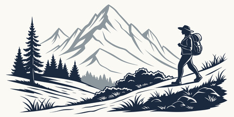 A hiker stands triumphantly on a mountain ridge with a scenic view of snow-capped peaks © Mamun