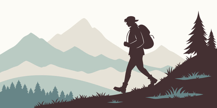 A lone hiker trekking through a serene mountainous landscape filled with trees.