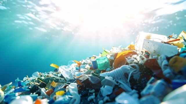Underwater Plastic Pollution: Submerged waste, illuminated by sun rays filtering through the ocean, a stark visual representation of the detrimental effects on marine ecosystems. 