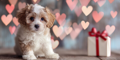 cute white puppy with gift box and heart bokeh background valentines concept