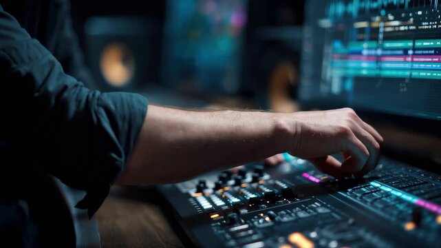 Editing audio tracks in a digital audio workstation with hands on the control surface in a studio setting during evening hours