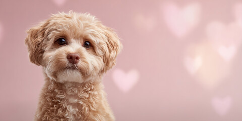 fluffy poodle mix puppy portrait on pink hearts bokeh background cute