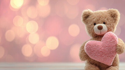 teddy bear holding pink heart on soft bokeh background valentines gift concept