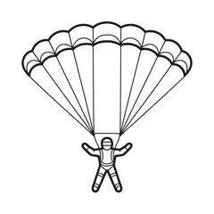 A simple black and white illustration depicting a skydiver with a deployed parachute