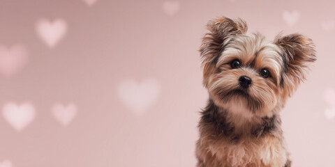 yorkshire terrier puppy portrait on pink hearts bokeh background cute