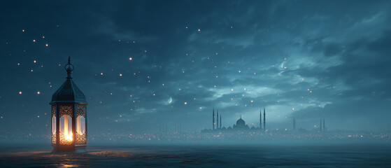 ramadan lantern by sea with distant mosque skyline under night sky