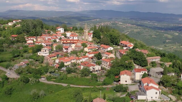 Aerial view of hill village landscape