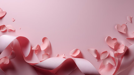 pink ribbon waves with falling rose petals on soft background romantic banner