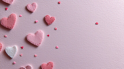 pink heart confetti on textured pastel background minimal valentines flat lay