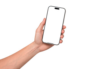 Hand holding smartphone mockup with transparent screen isolated on transparent background. Mobile phone with empty display for copy space.