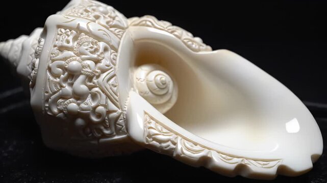 Ornate Ivory Conch Shell Carved With Intricate Figures And Patterns Isolated On A Dark Background Studio Lighting Macro Shot