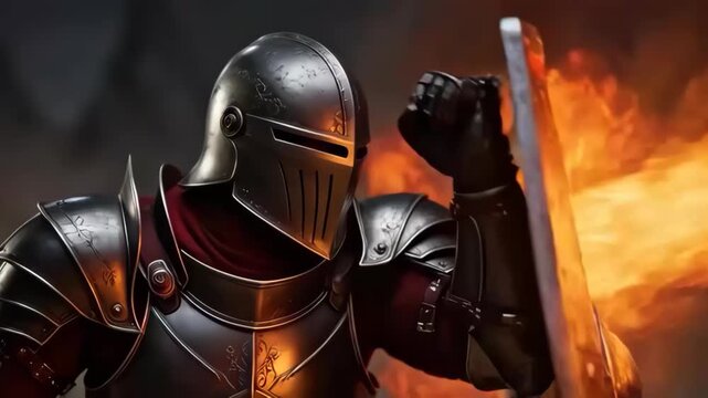 Medieval knight armor and helmet blocking flame with shield facing fire‑eyed dragon smoky
