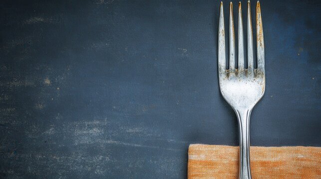 A slightly bent silver fork with a worn handle rests on a wooden surface against a dark background.
