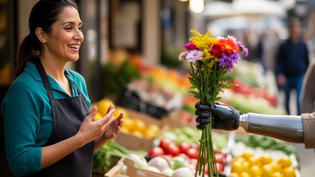 Humanrobot interaction: smiling vendor offers flowers to robotic customer in bustling market