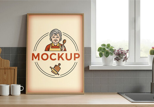 Poster Frame Mockup On A Kitchen Counter