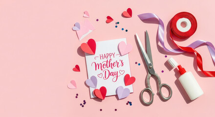 Top View of Making Mother's Day Gift with Paper Crafts.