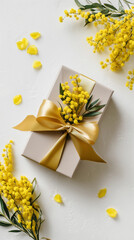 Flat lay gift box with yellow ribbon and mimosa flowers on light background spring present with copy space