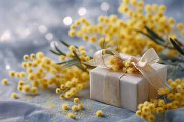 Gift box with yellow mimosa flowers and ribbon on soft background spring holiday flat lay