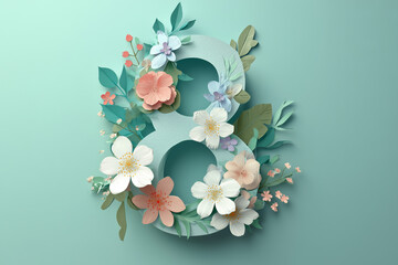 International Womens Day number 8 paper cut with cherry blossoms and spring flowers on teal background