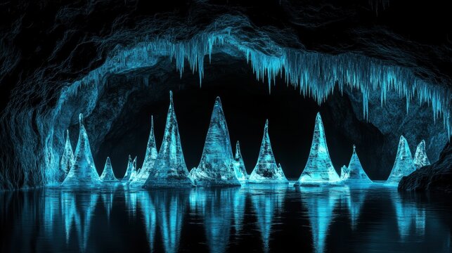 Otherworldly blue ice cave with sharp stalagmites and stalactites reflected in dark water