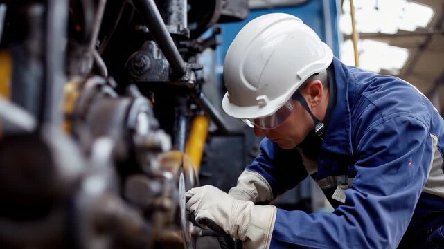 Man in blue and white uniform works on machinery in a workshop during daytime focusing on maintenance and repair tasks for a train