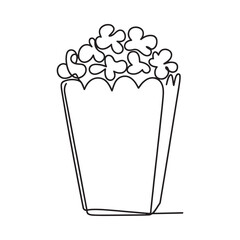 A continuous line drawing depicts a full container filled with fluffy popcorn treats