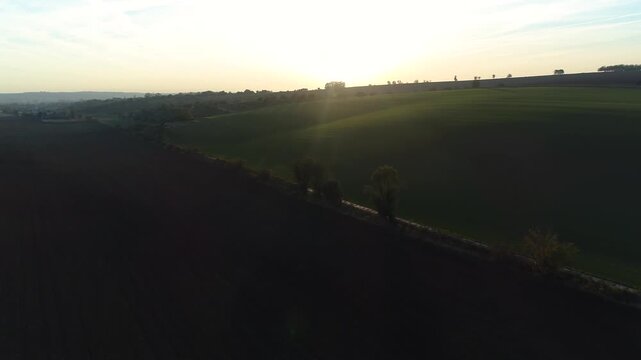 Aerial sunset view of farmland