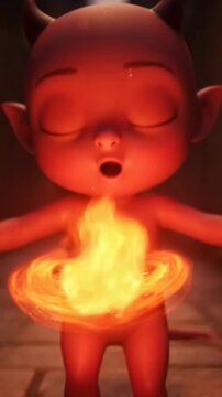 Little red demon child holding small flame alley steps, playful fire, warm glowing sparks and flames
