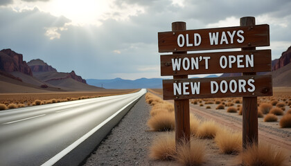 Old Ways Won&rsquo;t Open New Doors sign on a desert road, symbolizing change, personal growth, and the courage to embrace new paths and opportunities