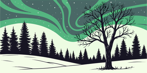 A majestic tree stands tall under the mesmerizing glow of the northern lights © Mamun