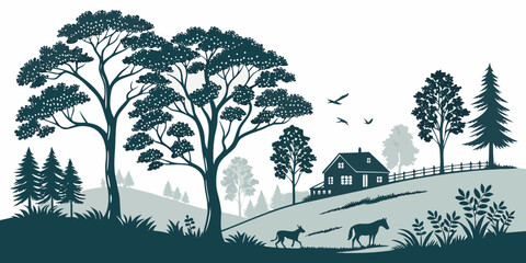 A serene landscape with tall trees and a peaceful meadow under a clear sky © Mamun