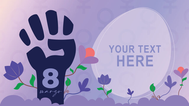 Horizontal illustration for International Women's Day, featuring a raised hand, the symbol for women, and flowers, with space for text. Concept: 8M, Women's Day.