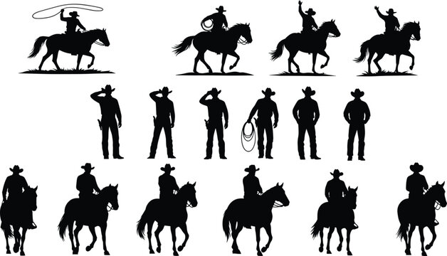 Cowboy silhouette vector, horse rider illustration, western culture artwork, lasso graphic design, rustic ranch icon, rodeo clipart, wild west symbol