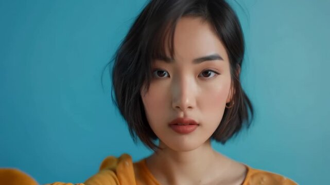 A girl with a serious look makes a &lsquo;victory&rsquo; gesture, embodying the determination and optimism of the younger generation. The photo is ideal for advertising campaigns or youth initiatives as a bright 