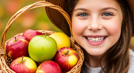 Child collecting fallen apples in basket symbolizing harvest joy