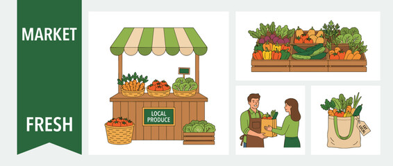 Farmers Market Illustration Set Featuring Local Produce Stall, Fresh Organic Vegetables in Crates, Vendor Serving Customer, and Reusable Grocery Bag with Eat Local Tag for Healthy Living.