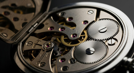 Intricate mechanical pocket watch interior with gears and springs, showcasing complex craftsmanship, macro view