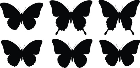 Butterfly silhouettes collection, black insect shapes illustration, elegant wings design, nature wildlife concept, isolated white background vector set © Rekha