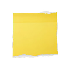 A bright yellow sticky note with a slightly torn corner on a plain background isolated on transparent background