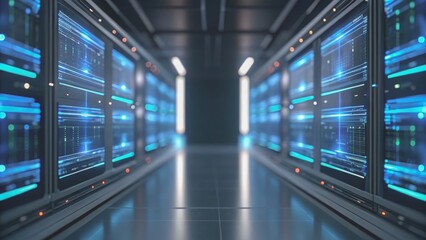 Naklejka premium Artificial Intelligence Concept A futuristic data center corridor with illuminated server racks and blue lighting reflecting on the floor.