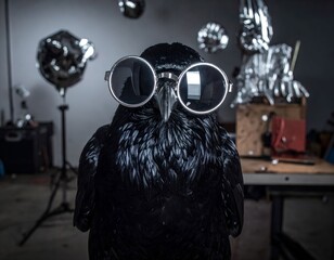Fototapeta premium Funny portrait of a black raven wearing oversized silver round sunglasses in a creative studio workshop setting, conceptual animal photography.