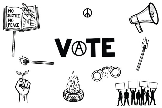 Protest and activism symbols including vote, peace sign, and justice slogans vector illustration