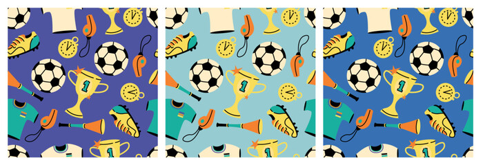 Soccer seamless pattern set with footballs, trophies and sports equipment on colorful backgrounds. Football championship symbols repeat texture. © Diana