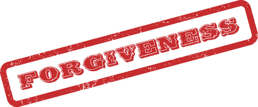 Vivid red rubber stamp impression with distressed grunge texture featuring the powerful word Forgiveness
