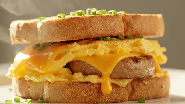 Delicious breakfast sandwich with scrambled eggs and melted cheese on toasted bread 4k video