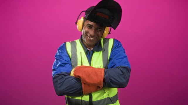 Man in high visibility vest with welding helmet lifted, yellow ear muffs and heavy welding gloves crosses arms and smiles in studio; pride craftsmanship.