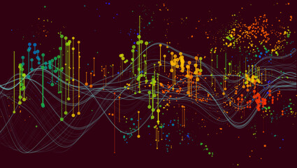 Colorful Data Visualization With Abstract Waveforms And Dots On Dark Background