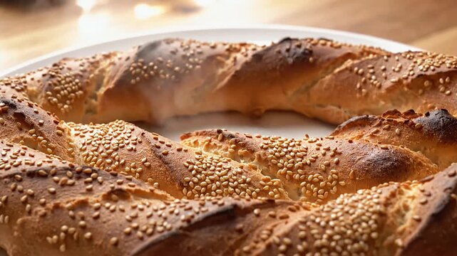 Delicious sesame seed bread ring on a white plate, close up shot.