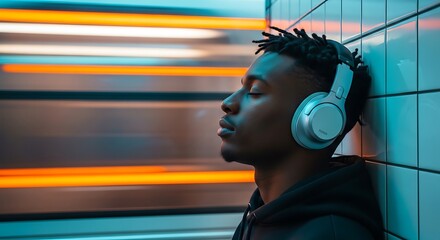Man Listening to Music with Headphones in Subway. Finding calm in chaos." A key theme for urban demographic marketing 