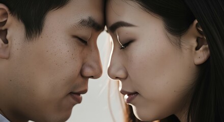 Couple Touching Foreheads Intimate Emotional Moment. Shifts from "romance" to "partnership/safety." 